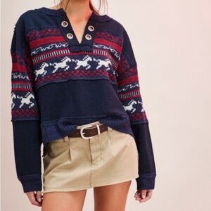 We The Free Navy and Red Patterned Sweater